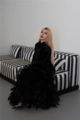 Long sleeve dress with velvet top and feathered fishtail train -ODD- NYLA