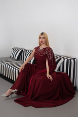 Sleeveless A-Line Gown with Pearl-Embellished Cape -ODD- RUBY