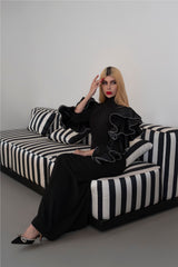 High-Neck Column Dress with Ruffled Statement Sleeves -ODD-ONYX