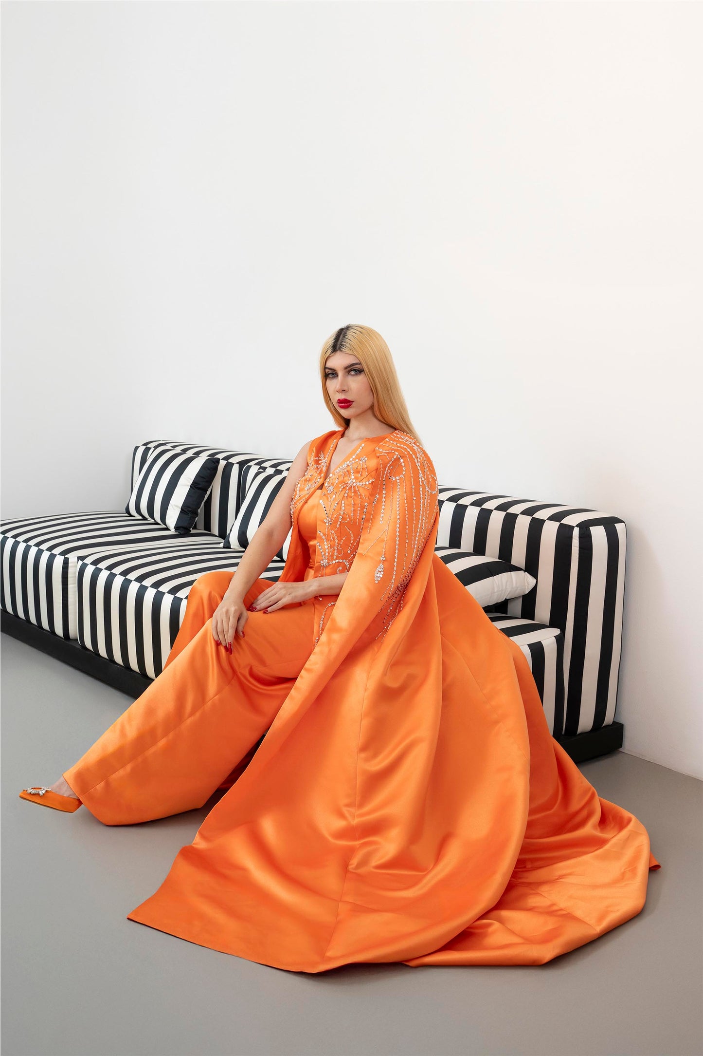 Sleeveless Embellished Jumpsuit with Satin Cape - ODD-SUNSET