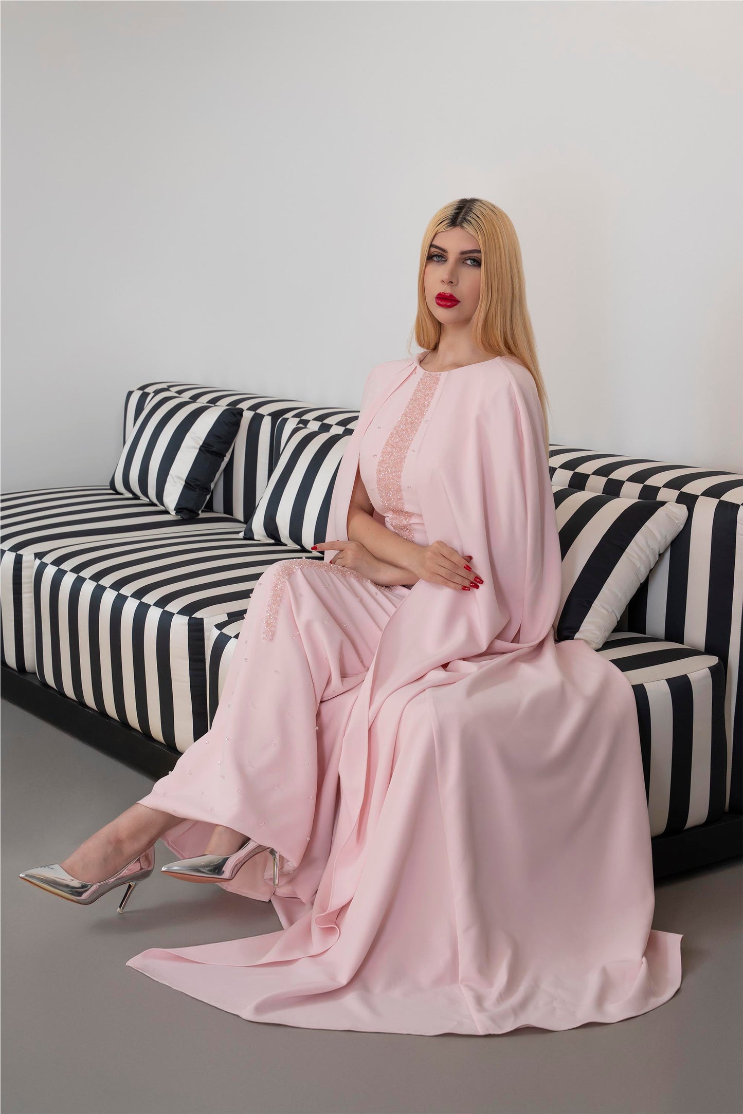 Long-Sleeve Column Dress with Embellished Front and Cape - ODD-BLUSH