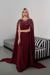 Sleeveless A-Line Gown with Pearl-Embellished Cape -ODD- RUBY