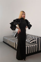 High-Neck Column Dress with Ruffled Statement Sleeves -ODD-ONYX