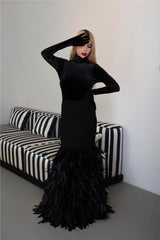 Long sleeve dress with velvet top and feathered fishtail train -ODD- NYLA