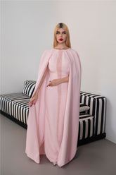 Long-Sleeve Column Dress with Embellished Front and Cape - ODD-BLUSH