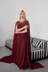 Sleeveless A-Line Gown with Pearl-Embellished Cape -ODD- RUBY