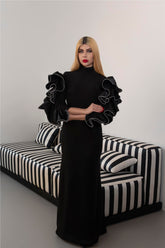 High-Neck Column Dress with Ruffled Statement Sleeves -ODD-ONYX