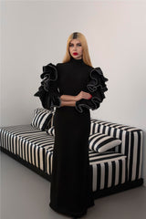 High-Neck Column Dress with Ruffled Statement Sleeves -ODD-ONYX