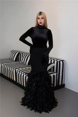 Long sleeve dress with velvet top and feathered fishtail train -ODD- NYLA