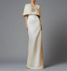 Sleeveless column dress with embellished cropped cape -ODD- NOVA