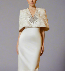 Sleeveless column dress with embellished cropped cape -ODD- NOVA