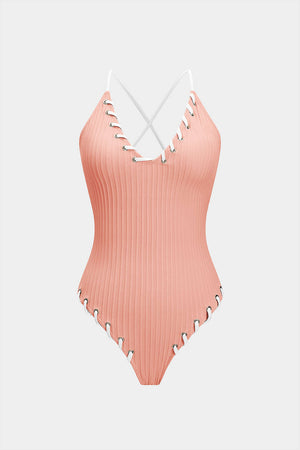 Contrast Whipstitching Tie Back Sleeveless Slip Bodysuit