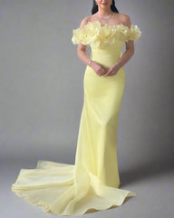 Off-shoulder column dress with floral neckline and chiffon train – ODD- LEMONIA