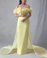 Off-shoulder column dress with floral neckline and chiffon train – ODD- LEMONIA