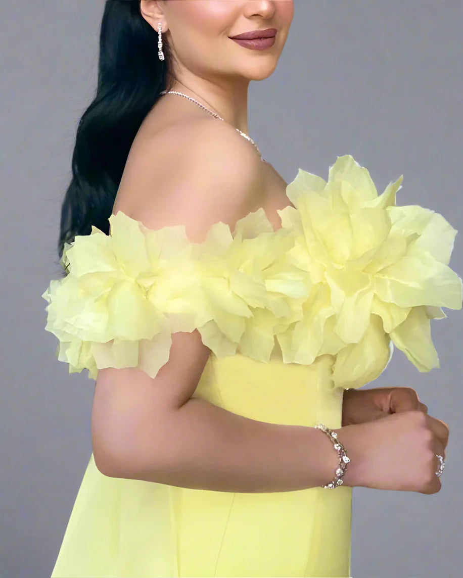 Off-shoulder column dress with floral neckline and chiffon train – ODD- LEMONIA