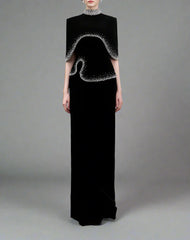 High-Neck Column Dress with Embellished Cape Detail - ODD- ELYSIA