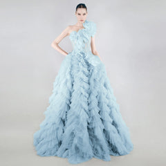 one-shoulder ruffled tulle ball gown – ODD- Zarlish