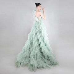 one-shoulder ruffled tulle ball gown – ODD- Zarlish