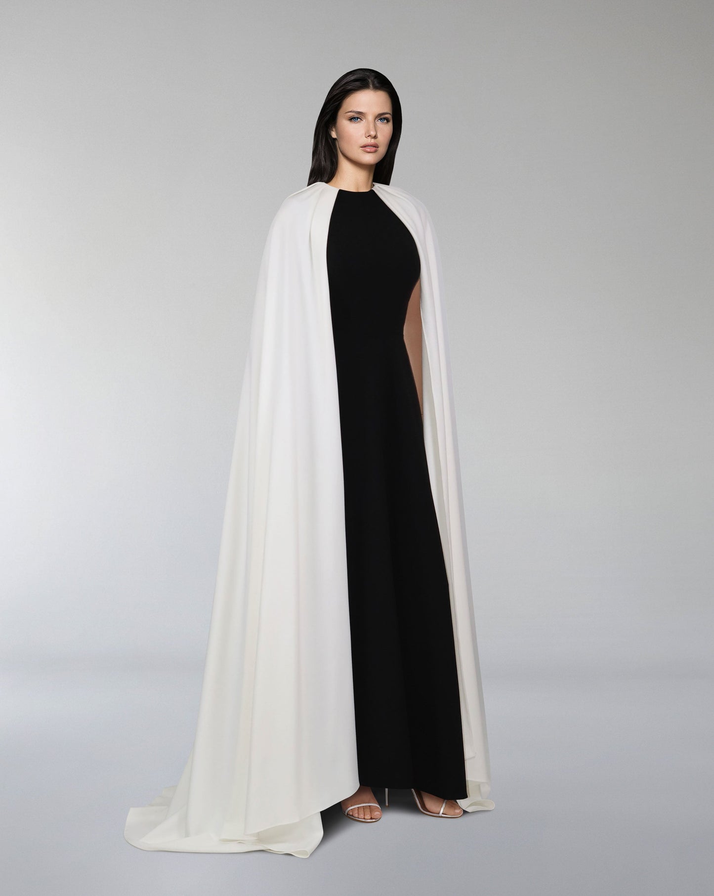 Black & white column dress with maxi cape - ODD-NOELLE