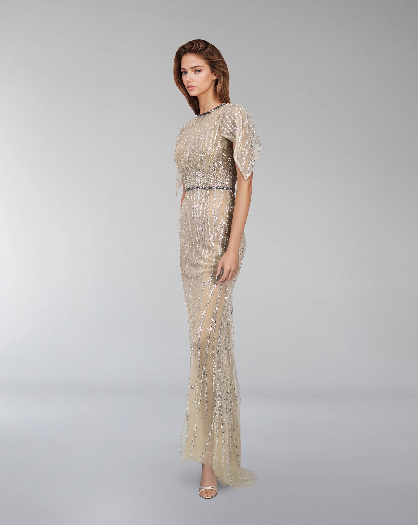 Sequined column dress with ruffled sleeves -ODD-ARIA