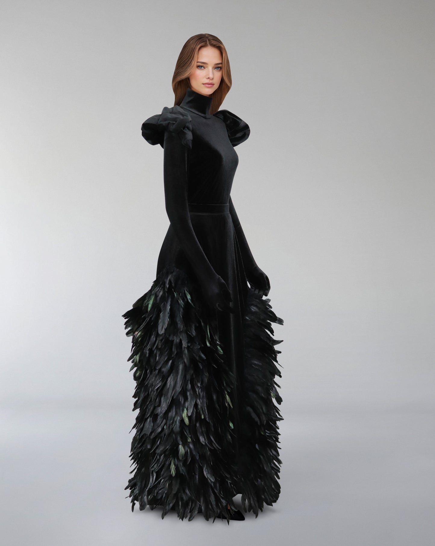 Long sleeve velvet dress with puffed shoulders and fathered skirt -ODD- ISLA