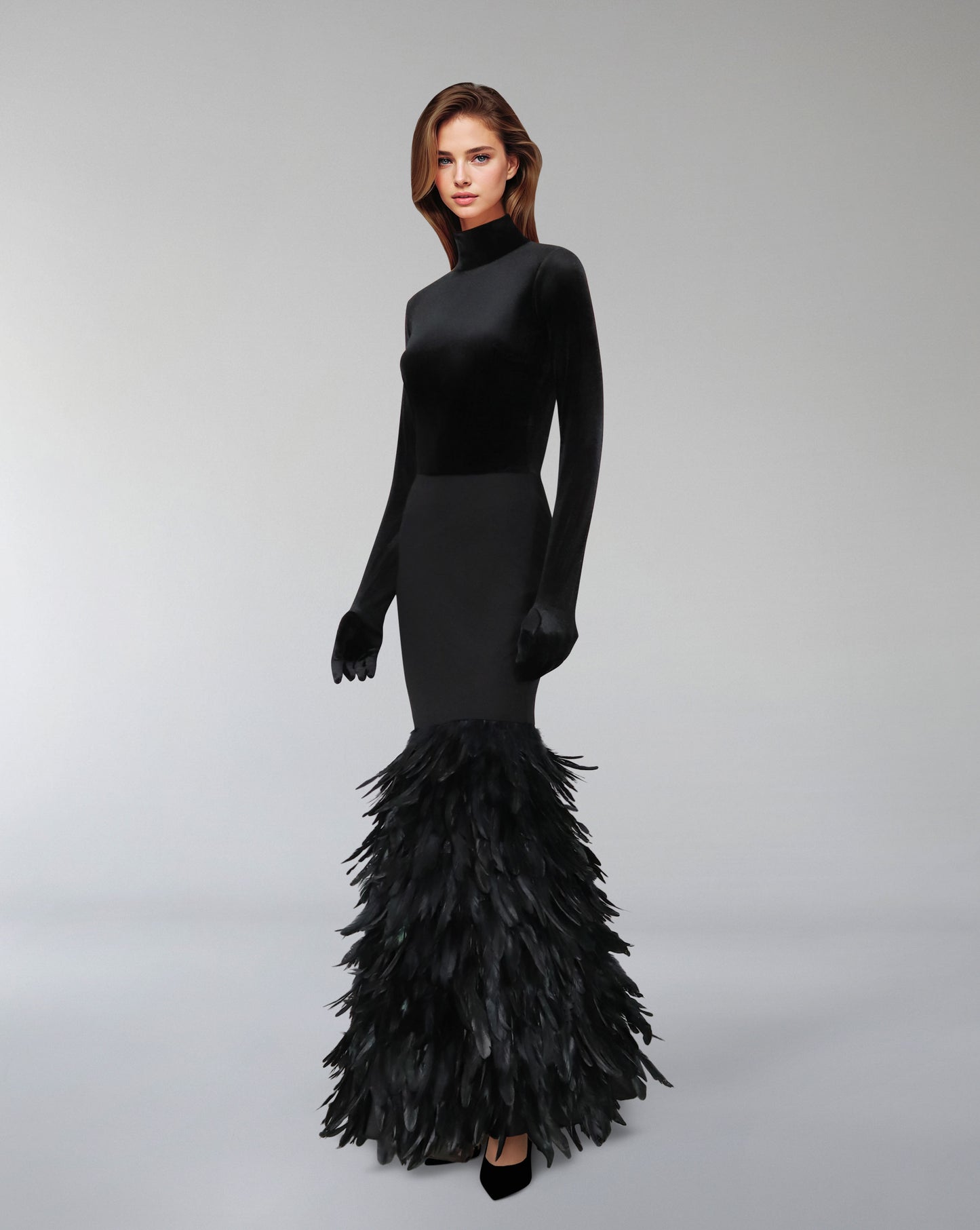 Long sleeve dress with velvet top and feathered fishtail train -ODD- NYLA