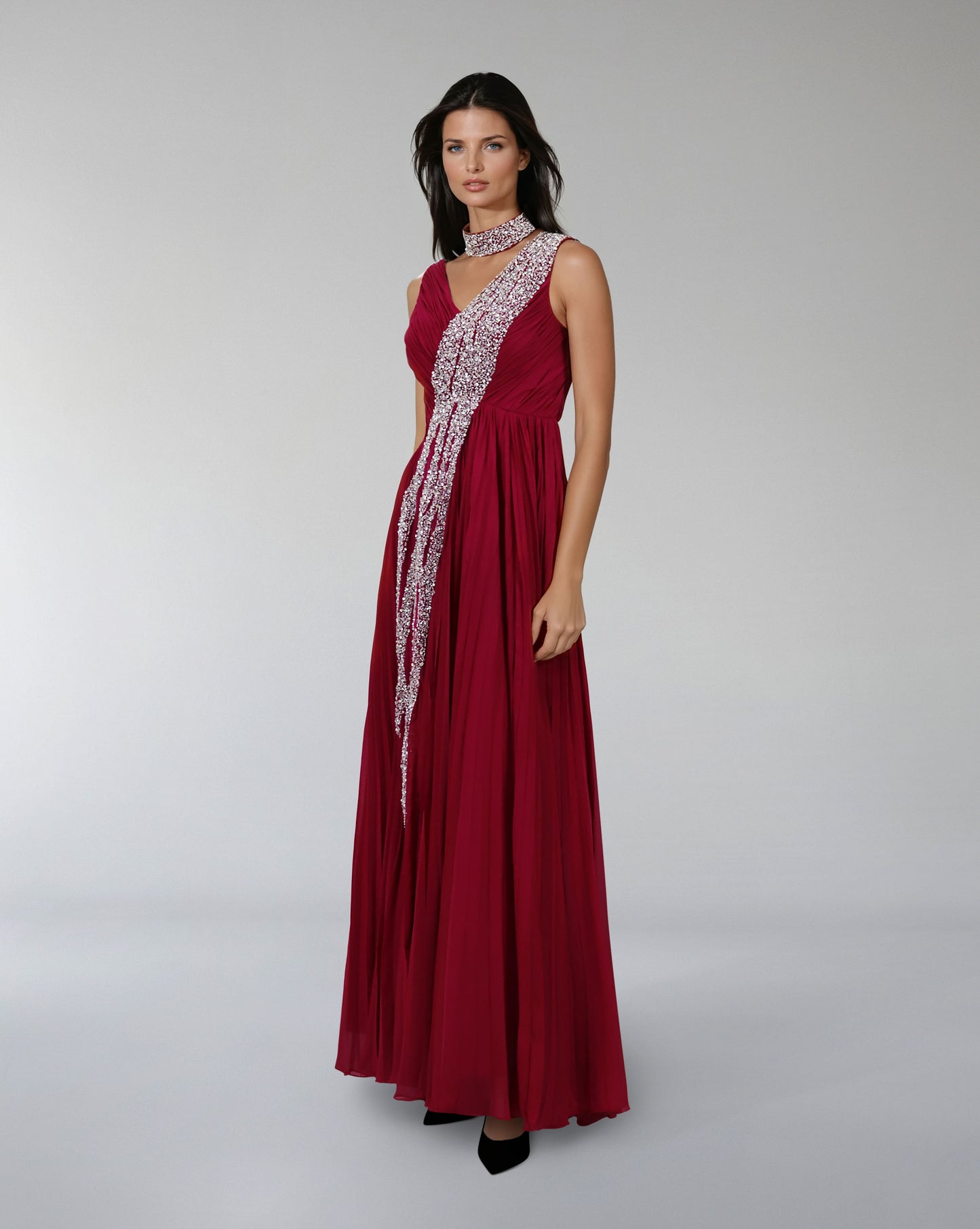 Sleeveless draped dress with bead cascade - ODD-VALENZIA