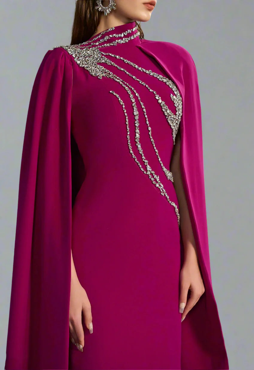 High-neck column dress with embellished maxi cape – ODD- Fugara