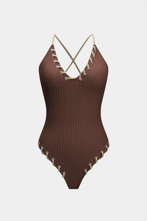 Contrast Whipstitching Tie Back Sleeveless Slip Bodysuit