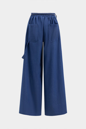 Denim Tube Top And Ruched Tie Front Pocket Wide Leg Jeans Set