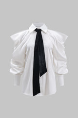 Satin Button Tie Long-Sleeve Shirt With Tie