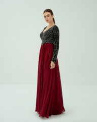 Long sleeve beaded dress with V neckline -ODD-GISELLE