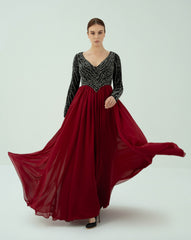 Long sleeve beaded dress with V neckline -ODD-GISELLE