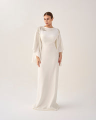ODD - White column dress with ruffled sleeves and sequined shoulders