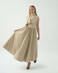 Asymmetric Pleated Midi Dress with Draped Shoulder -ODD-SANDRA