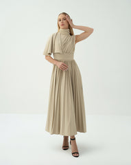 Asymmetric Pleated Midi Dress with Draped Shoulder -ODD-SANDRA