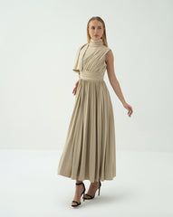 Asymmetric Pleated Midi Dress with Draped Shoulder -ODD-SANDRA