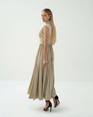 Asymmetric Pleated Midi Dress with Draped Shoulder -ODD-SANDRA