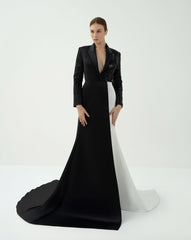 Tuxedo-Inspired Gown with Contrasting Train – ODD-Hasniya