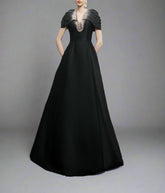 Cap-sleeve A-line dress with embellished neckline - ODD- NOIR