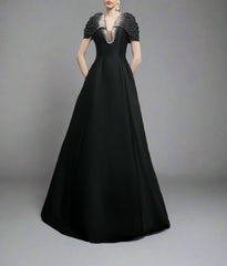 Cap-sleeve A-line dress with embellished neckline - ODD- NOIR