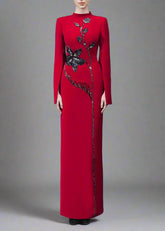 Long-sleeve column dress with floral sequin embellishment - ODD- Cecilia