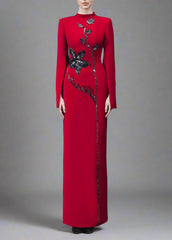 Long-sleeve column dress with floral sequin embellishment - ODD- Cecilia