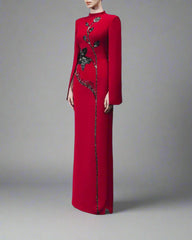 Long-sleeve column dress with floral sequin embellishment - ODD- Cecilia