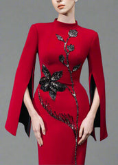 Long-sleeve column dress with floral sequin embellishment - ODD- Cecilia