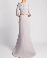 Off-shoulder gown with sheer embellished sleeves and slit – ODD- SELVI