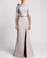 Off-shoulder gown with sheer embellished sleeves and slit – ODD- SELVI