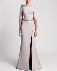 Off-shoulder gown with sheer embellished sleeves and slit – ODD- SELVI