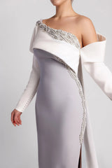 Asymmetrical column dress with structured draped sleeve – ODD- NOVII