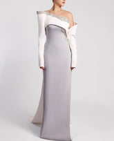 Asymmetrical column dress with structured draped sleeve – ODD- NOVII